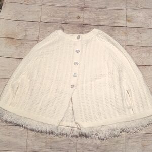 Mount Snow Girls Vintage White Knit Fringe Bottom Poncho Sweater Size 7/8